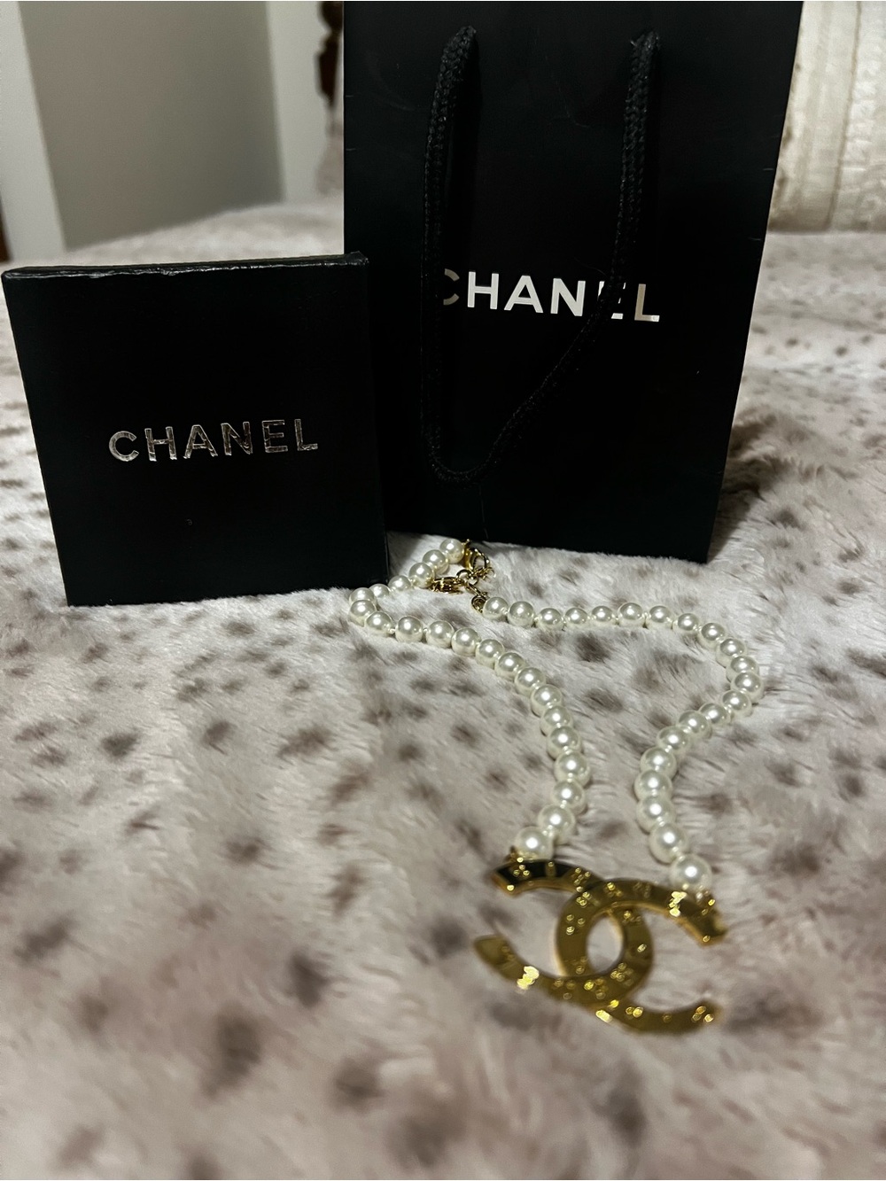 CHANEL White Pearl Double Strand Necklace with Gold CC Pendant